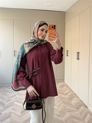 Çizgili Leon Kemer Detaylı Gömlek Bordo (4411) 