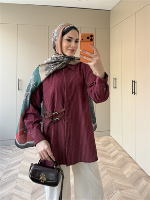 Çizgili Leon Kemer Detaylı Gömlek Bordo (4411) 