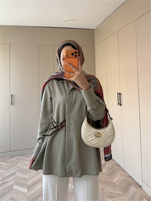 Çizgili Leon Kemer Detaylı Gömlek Haki (4411)