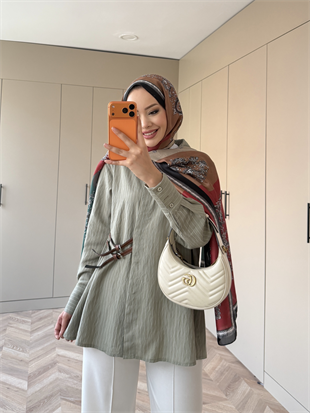 Çizgili Leon Kemer Detaylı Gömlek Haki (4411)