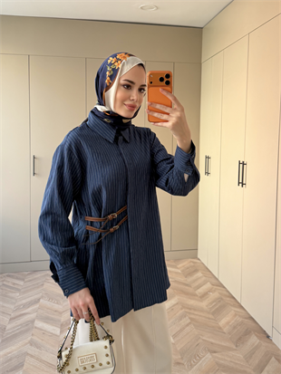 Çizgili Leon Kemer Detaylı Gömlek Lacivert (4411)