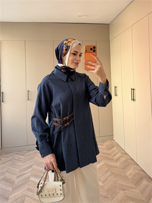 Çizgili Leon Kemer Detaylı Gömlek Lacivert (4411)