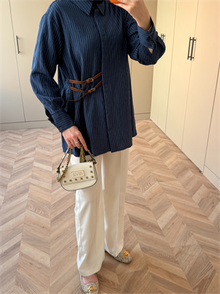 Çizgili Leon Kemer Detaylı Gömlek Lacivert (4411)