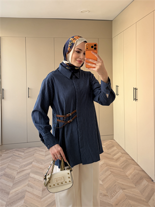 Çizgili Leon Kemer Detaylı Gömlek Lacivert (4411)