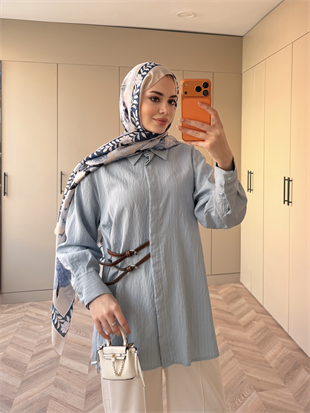 Çizgili Leon Kemer Detaylı Gömlek Mavi (4411)