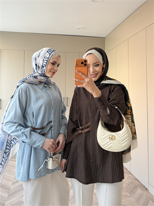 Çizgili Leon Kemer Detaylı Gömlek Mavi (4411)