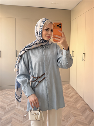 Çizgili Leon Kemer Detaylı Gömlek Mavi (4411)