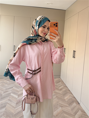 Çizgili Leon Kemer Detaylı Gömlek Pembe (4411)