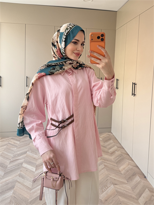 Çizgili Leon Kemer Detaylı Gömlek Pembe (4411)