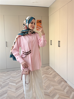 Çizgili Leon Kemer Detaylı Gömlek Pembe (4411)