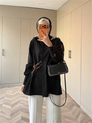 Çizgili Leon Kemer Detaylı Gömlek Siyah (4411)