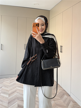 Çizgili Leon Kemer Detaylı Gömlek Siyah (4411)