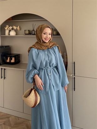Coast İnci Düğme Detaylı Etekli Takım Mavi (3080)
