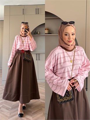Comfy Renkli Bağcıklı Etek Kahve (7014)