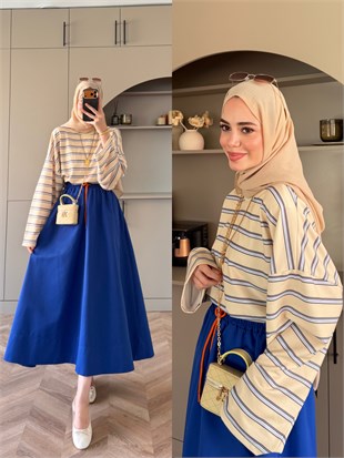 Comfy Renkli Bağcıklı Etek Saks (7014)