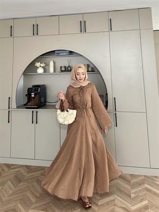 Cross Çizgili Elbise Kahve