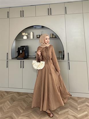 Cross Çizgili Elbise Kahve