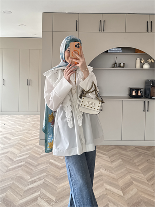 Dacron Nakışlı Yaka Gömlek Ekru (8348)