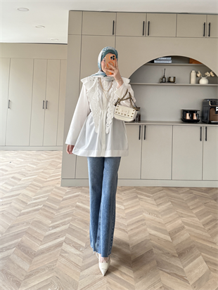 Dacron Nakışlı Yaka Gömlek Ekru (8348)