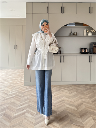 Dacron Nakışlı Yaka Gömlek Ekru (8348)