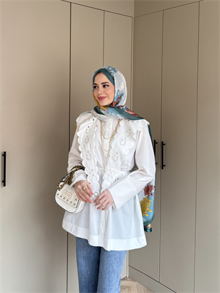 Dacron Nakışlı Yaka Gömlek Ekru (8348)