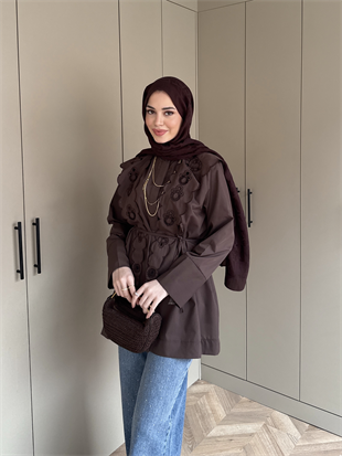 Dacron Nakışlı Yaka Gömlek Kahve (8348)