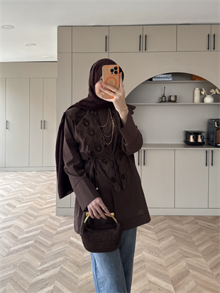 Dacron Nakışlı Yaka Gömlek Kahve (8348)