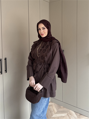 Dacron Nakışlı Yaka Gömlek Kahve (8348)