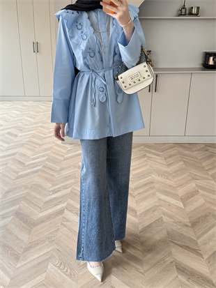 Dacron Nakışlı Yaka Gömlek Mavi (8348)