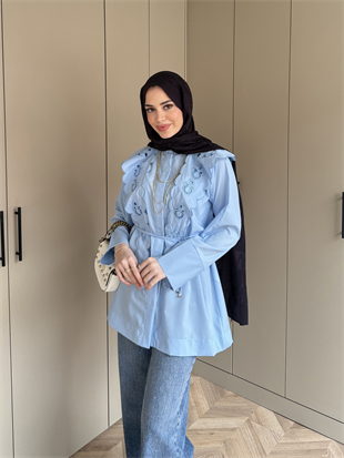 Dacron Nakışlı Yaka Gömlek Mavi (8348)