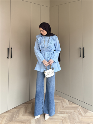 Dacron Nakışlı Yaka Gömlek Mavi (8348)