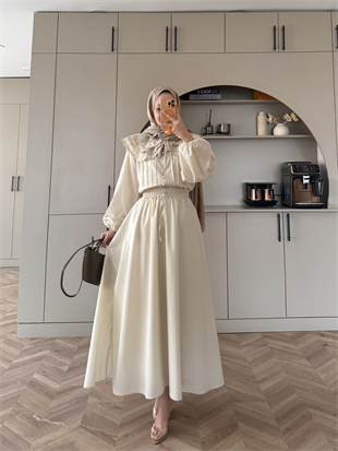 Dale Nakışlı Etekli Takım Bej (8350)