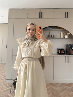 Dale Nakışlı Etekli Takım Bej (8350)