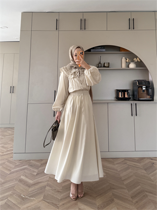 Dale Nakışlı Etekli Takım Bej (8350)