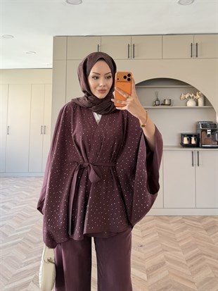 Damla Yarasa Kol Pantolonlu Takım Mürdüm (5608)