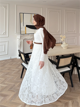 Daphne Dantel Elbise Beyaz (8021)
