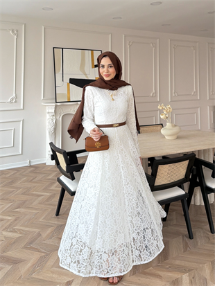 Daphne Dantel Elbise Beyaz (8021)
