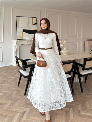 Daphne Dantel Elbise Beyaz (8021)