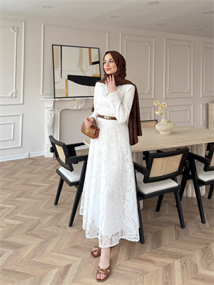 Daphne Dantel Elbise Beyaz (8021)