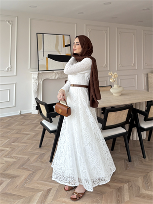 Daphne Dantel Elbise Beyaz (8021)