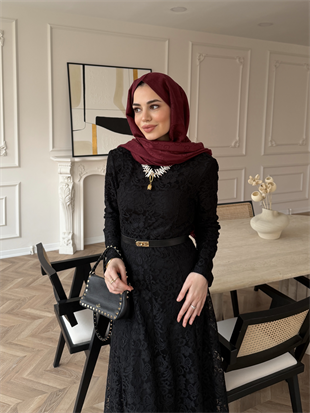 Daphne Dantel Elbise Siyah (8021)
