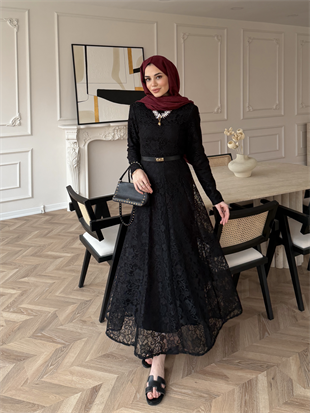 Daphne Dantel Elbise Siyah (8021)
