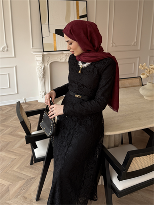 Daphne Dantel Elbise Siyah (8021)