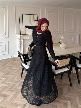 Daphne Dantel Elbise Siyah (8021)
