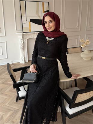 Daphne Dantel Elbise Siyah (8021)