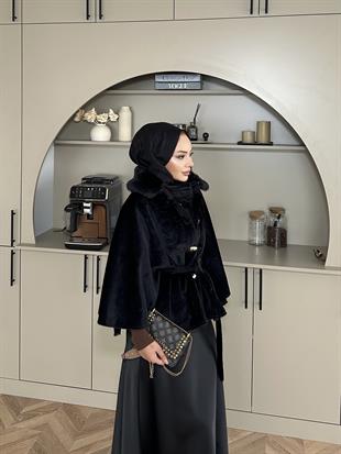 Darby Yakası Kürk Detaylı Angora Panço Siyah