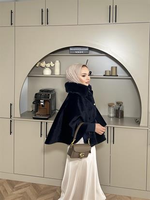 Darby Yakası Kürk Detaylı Angora Panço Lacivert