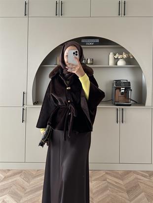 Darby Yakası Kürk Detaylı Angora Panço Acı Kahve