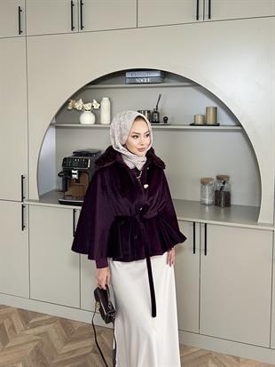 Darby Yakası Kürk Detaylı Angora Panço Mürdüm
