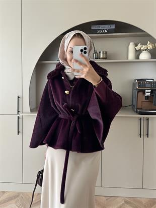 Darby Yakası Kürk Detaylı Angora Panço Mürdüm